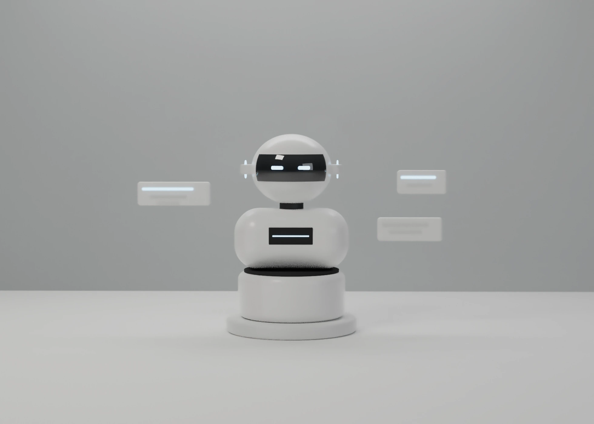 Busto de robot asistente blanco con visor iluminado y burbujas de chat flotando, en un estudio gris