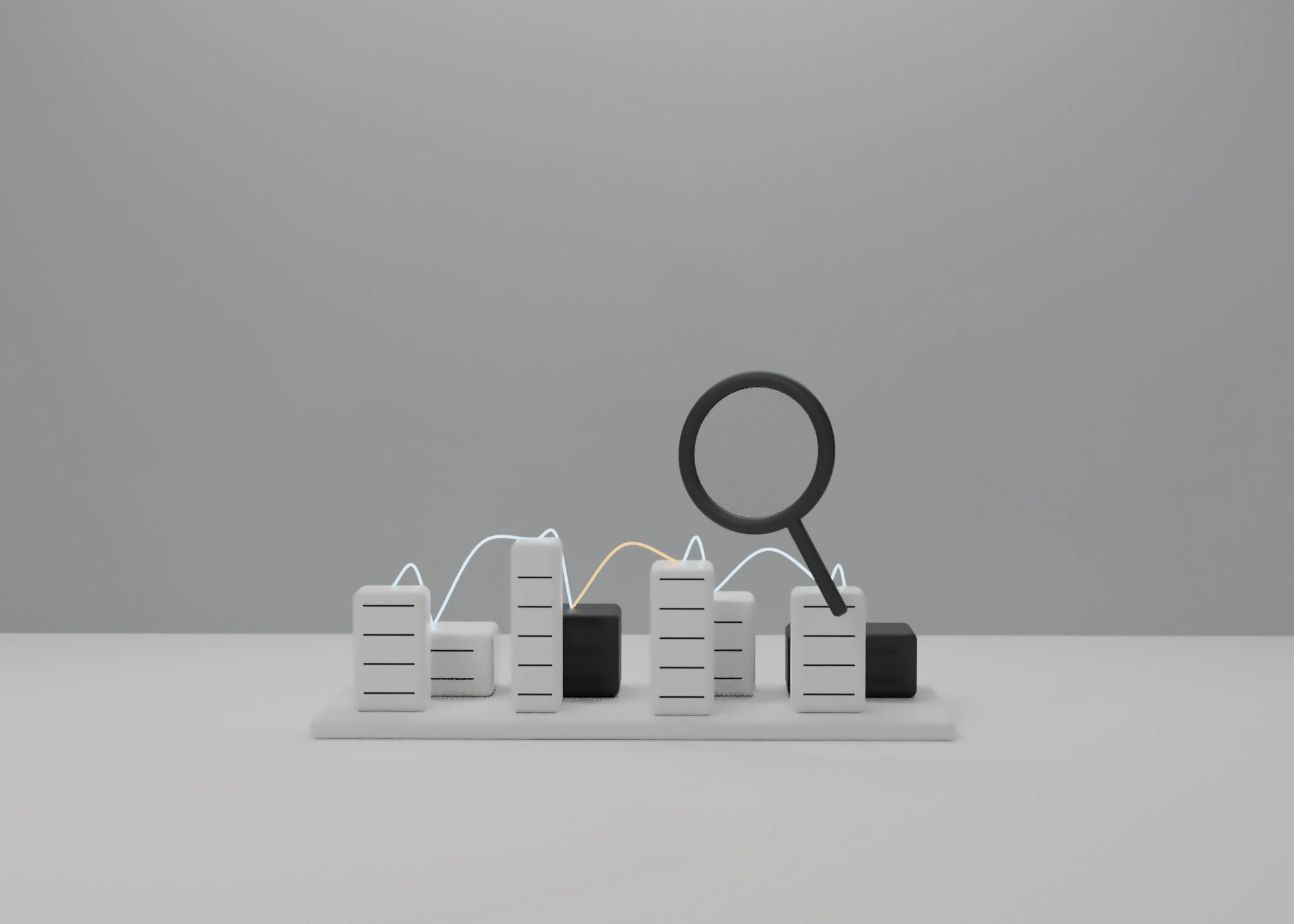 Maqueta de bloques blancos y negros conectados por líneas iluminadas bajo una lupa, en un estudio gris