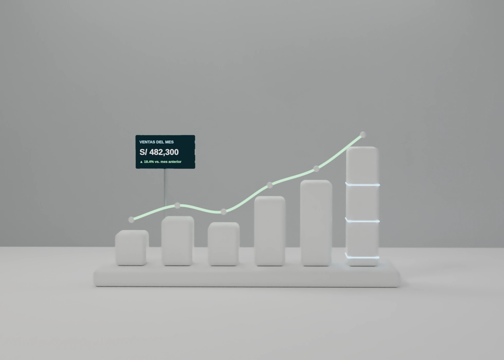 Escultura de gráfico de barras blancas con una línea de tendencia iluminada y una pantalla de ventas, en un estudio gris