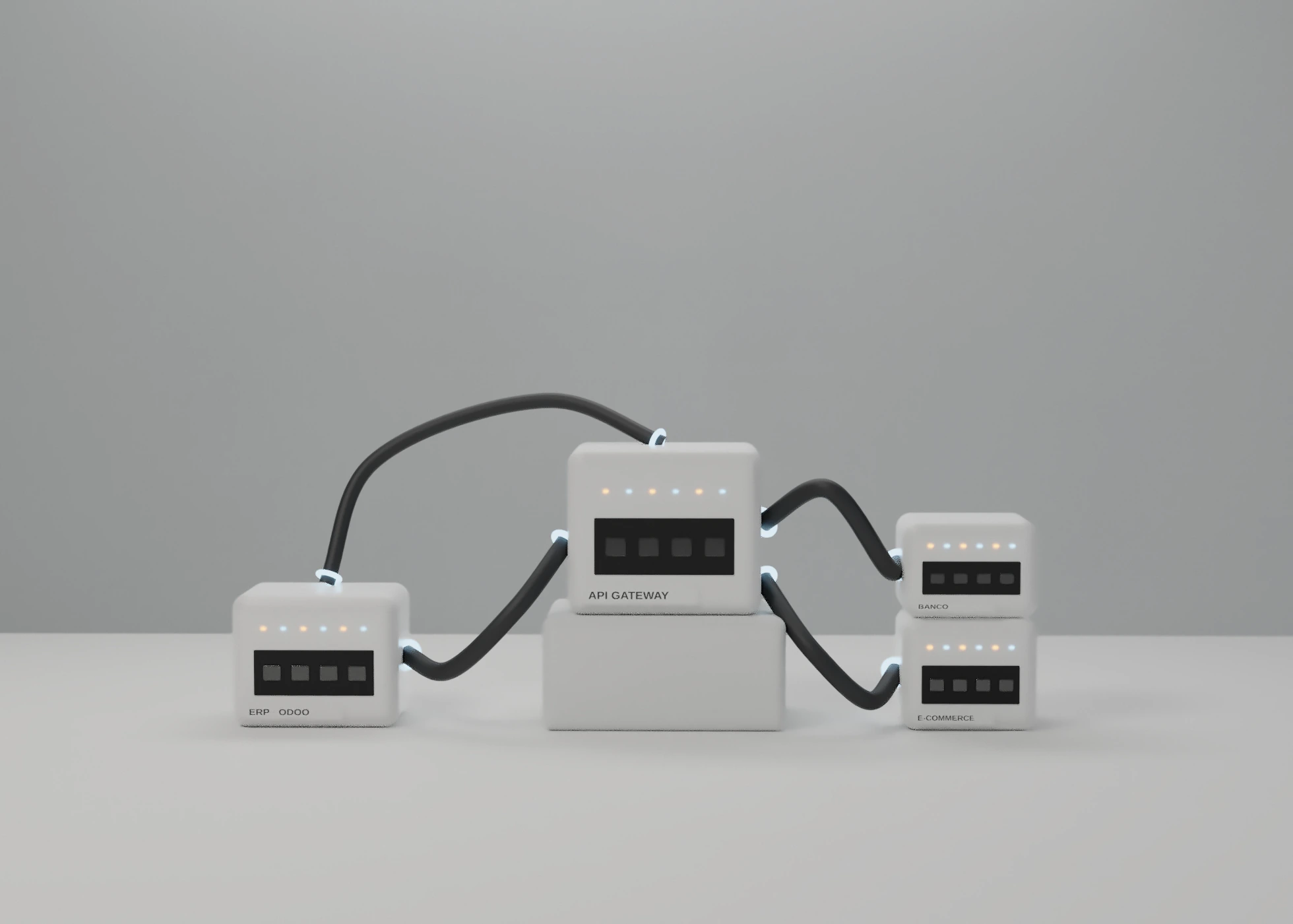 Módulos de hardware blancos conectados por cables con conectores iluminados, en un estudio gris
