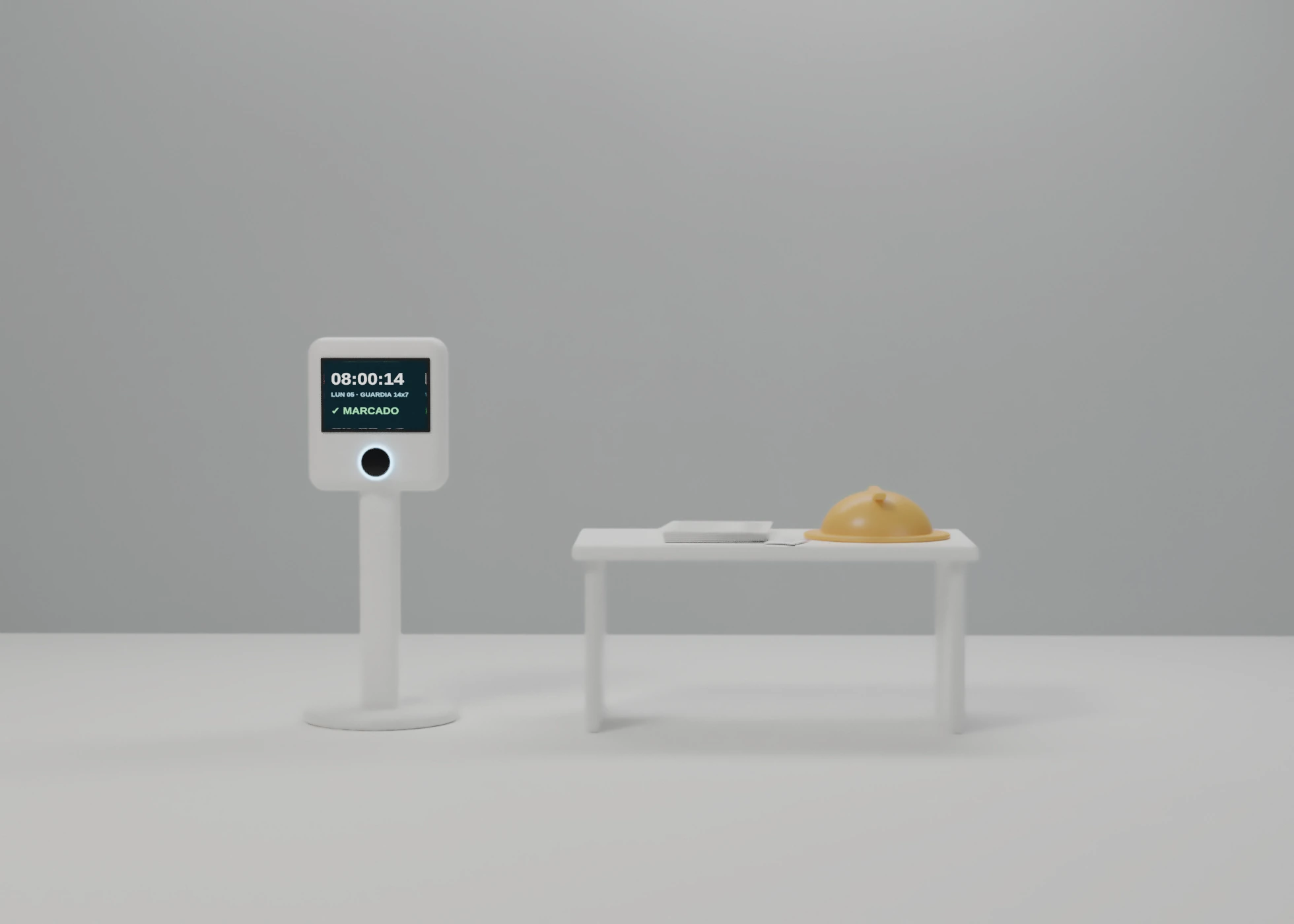 Reloj marcador biométrico junto a una mesa con casco de seguridad, fotocheck y boletas de pago, en un estudio gris